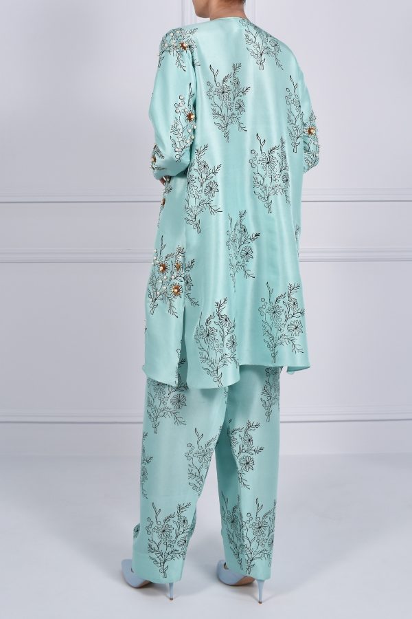 Ice Green Block Print Embellished Raw Silk Tunic Set - Image 4