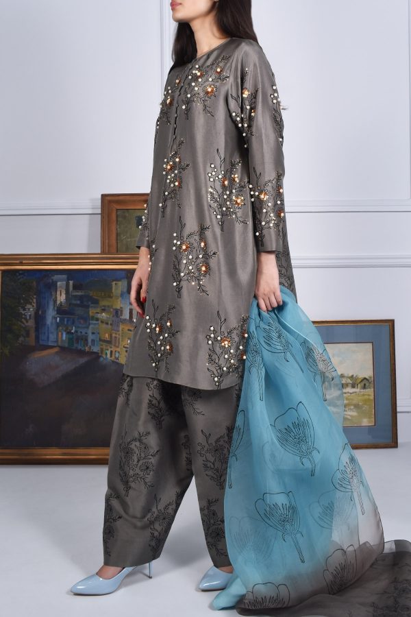 Steeple Grey Block Print Embellished Raw Silk Tunic Set - Image 2