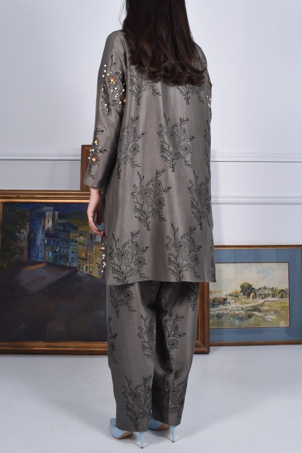 Steeple Grey Block Print Embellished Raw Silk Tunic Set - Image 3