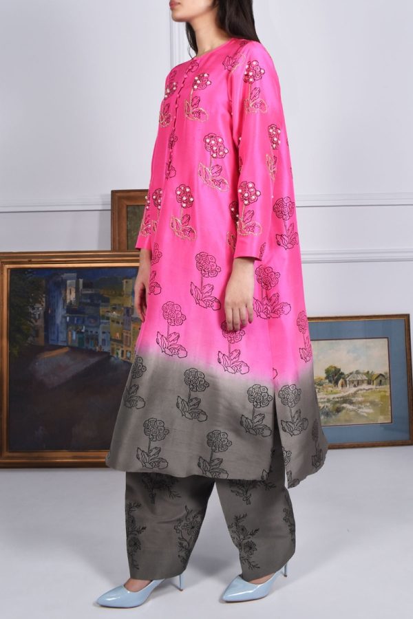 Azalea Pink Ombre Block Print Embellished Raw Silk Tunic Set - Image 2