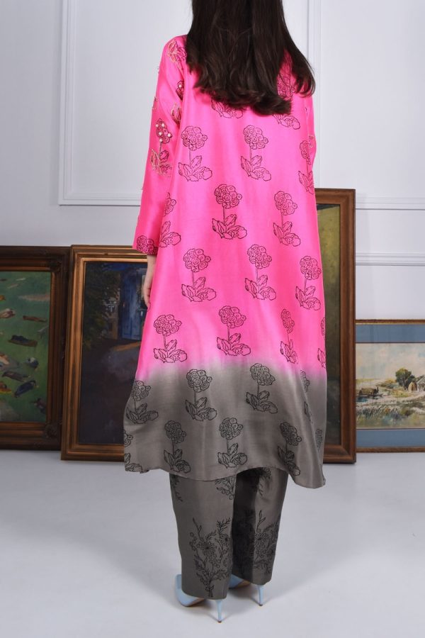 Azalea Pink Ombre Block Print Embellished Raw Silk Tunic Set - Image 3