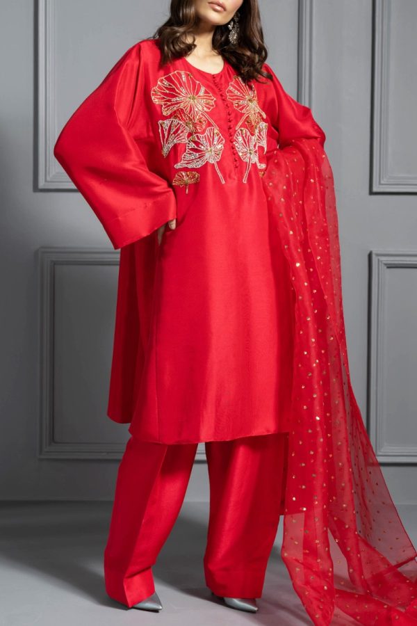 Tango Red Oversized Embellished Raw Silk Tunic Set - Image 2