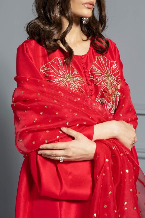 Tango Red Oversized Embellished Raw Silk Tunic Set - Image 3