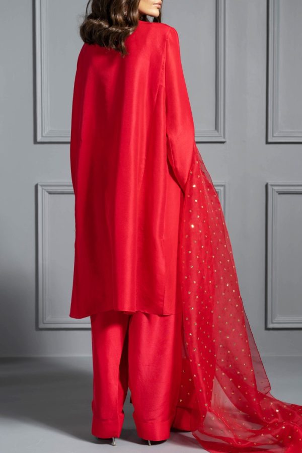 Tango Red Oversized Embellished Raw Silk Tunic Set - Image 4