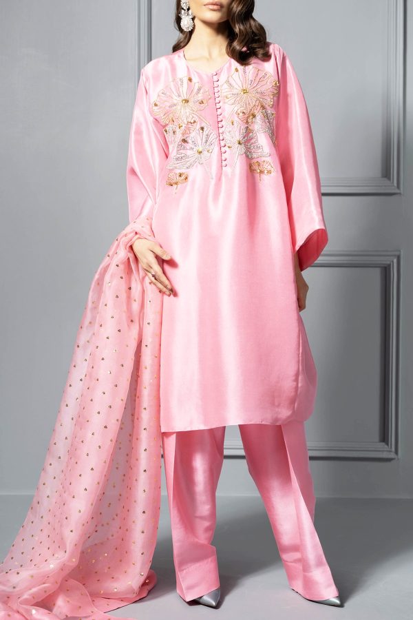 Orchid Pink Oversized Embellished Raw Silk Tunic Set