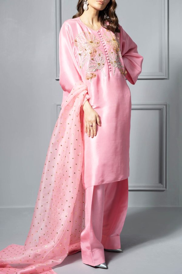 Orchid Pink Oversized Embellished Raw Silk Tunic Set - Image 2