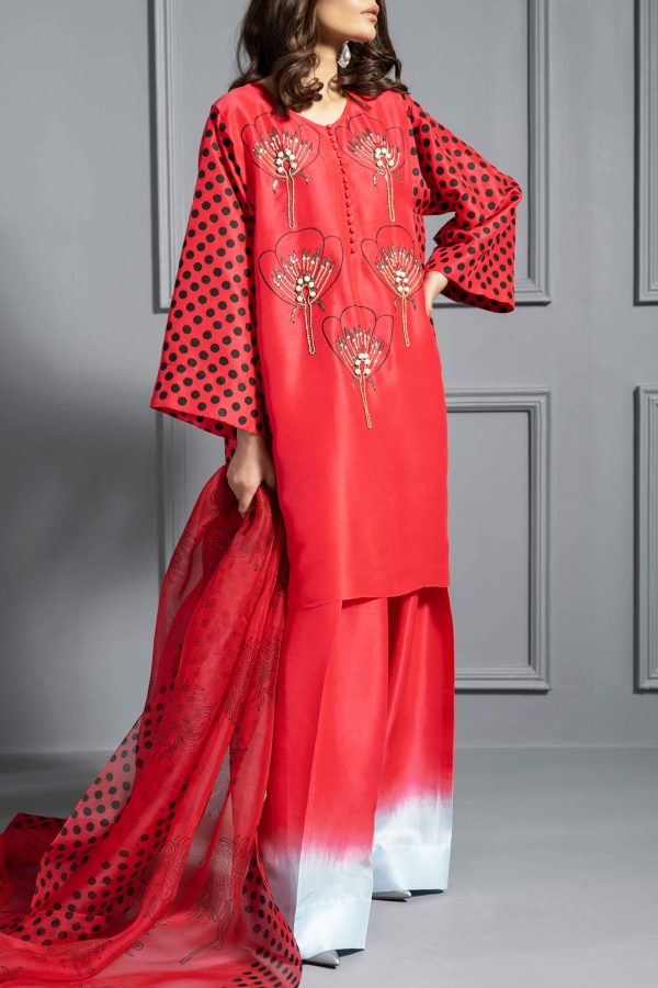 Lollipop Red Oversized Printed Embellished Raw Silk Set