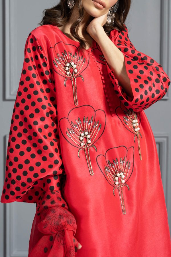 Lollipop Red Oversized Printed Embellished Raw Silk Set - Image 2