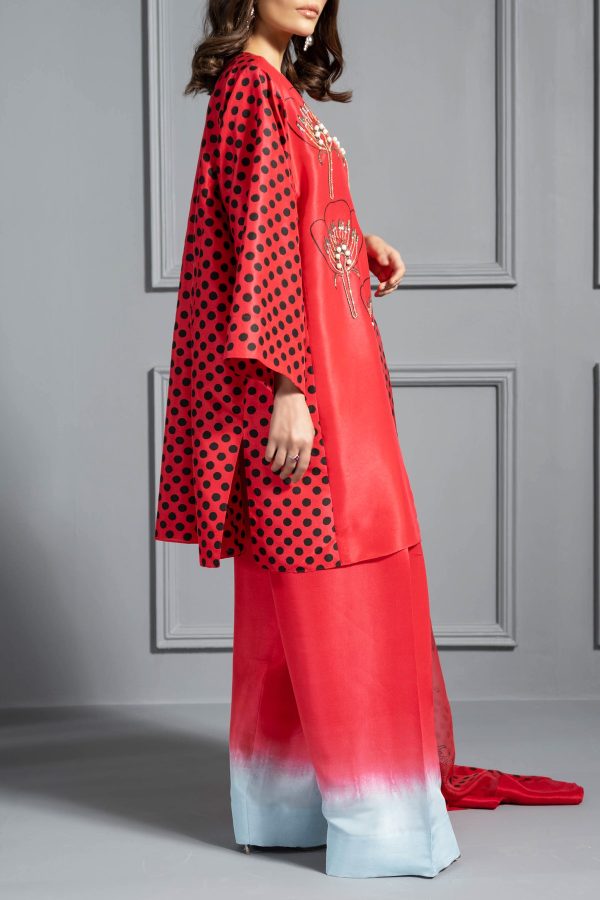 Lollipop Red Oversized Printed Embellished Raw Silk Set - Image 3