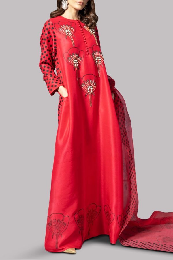 Tango Red Block Printed Embellished Raw Silk Maxi Dress Set - Image 2