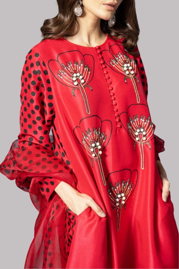 Tango Red Block Printed Embellished Raw Silk Maxi Dress Set - Image 3