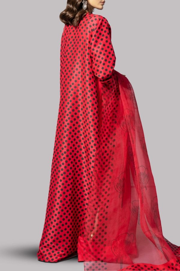 Tango Red Block Printed Embellished Raw Silk Maxi Dress Set - Image 4