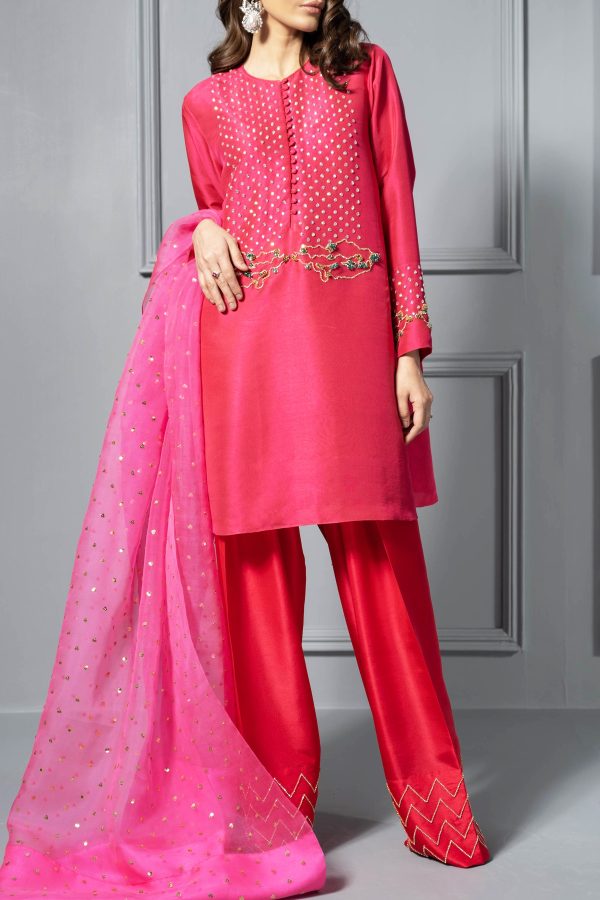 Bright Rose Embellished Raw Silk Tunic Set - Image 5