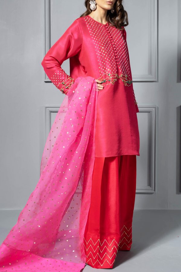 Bright Rose Embellished Raw Silk Tunic Set - Image 6