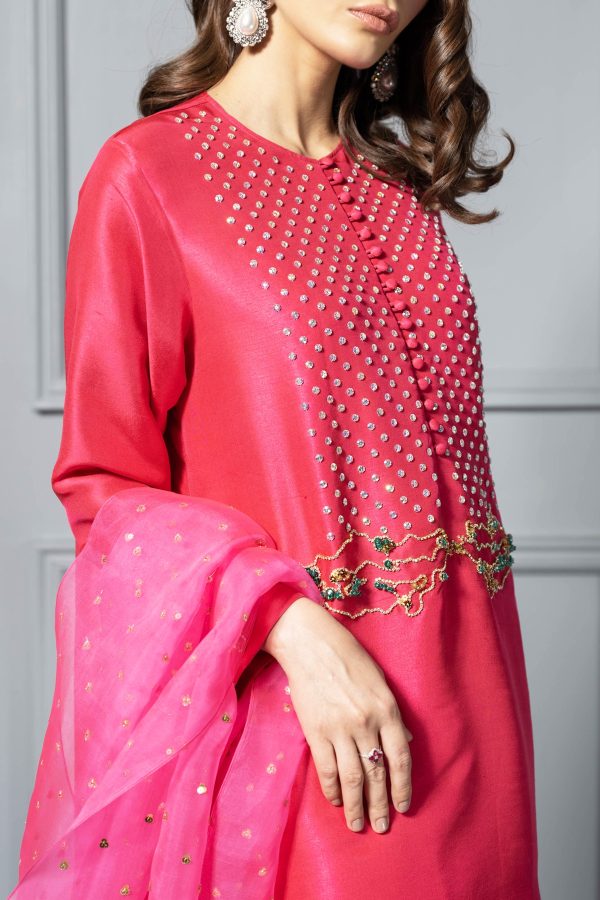 Bright Rose Embellished Raw Silk Tunic Set - Image 3