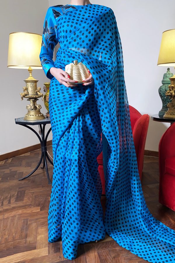 Algiers Blue Block Printed Organza Sari