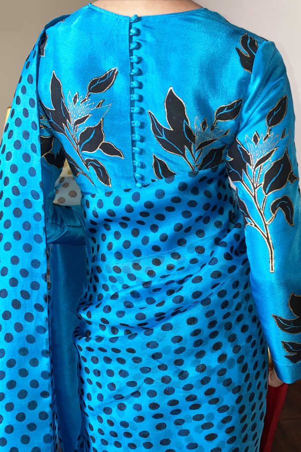 Algiers Blue Block Printed Organza Sari - Image 3