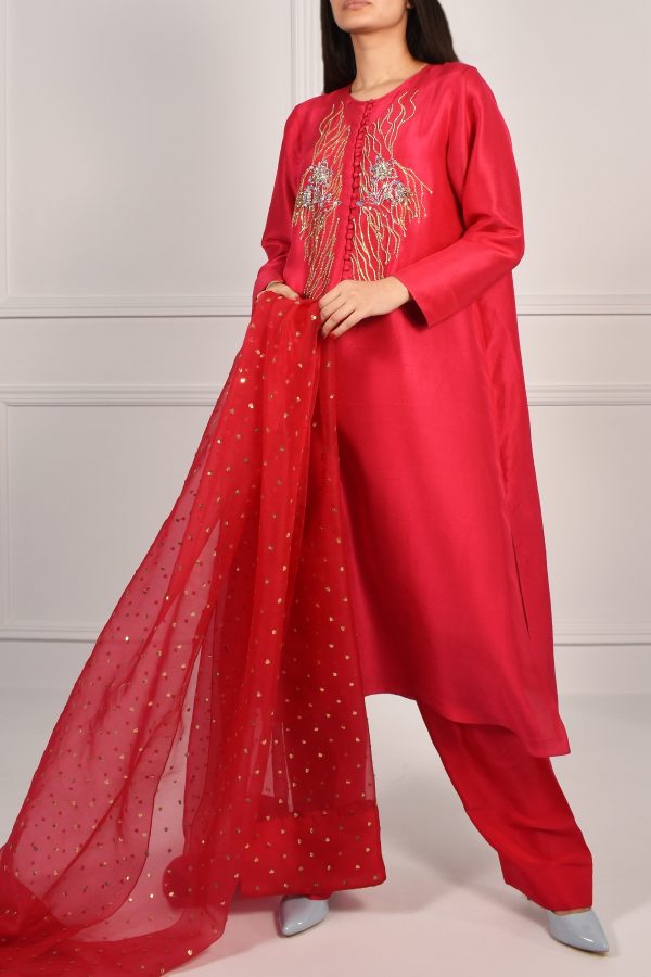 Bright Rose Embellished Raw Silk Dress Set - Image 2