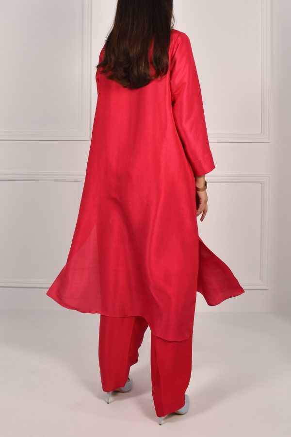 Bright Rose Embellished Raw Silk Dress Set - Image 3