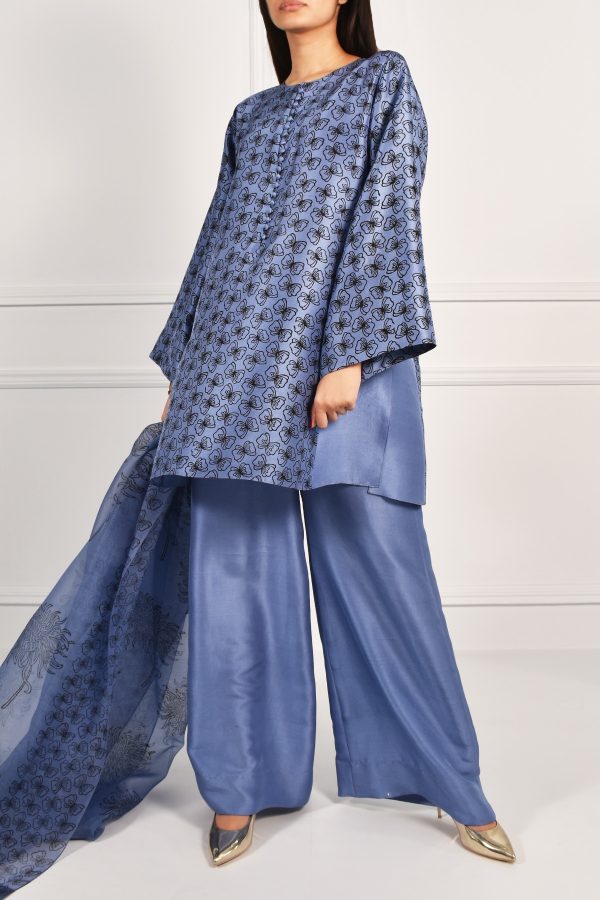 Colony Blue Oversized Block Printed Raw Silk Tunic Set