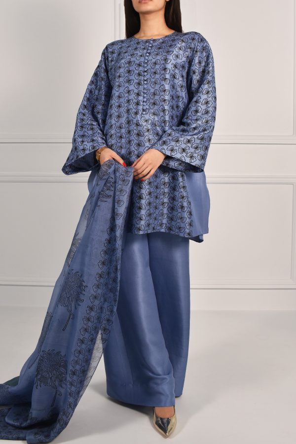 Colony Blue Oversized Block Printed Raw Silk Tunic Set - Image 2