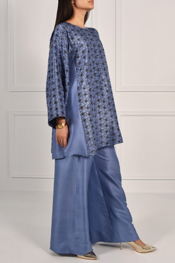 Colony Blue Oversized Block Printed Raw Silk Tunic Set - Image 3