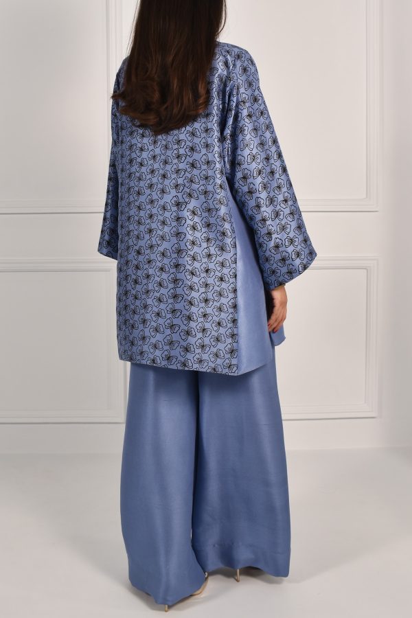 Colony Blue Oversized Block Printed Raw Silk Tunic Set - Image 4