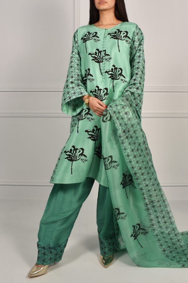 Neptune Green Oversized Block Printed Raw Silk Tunic Set