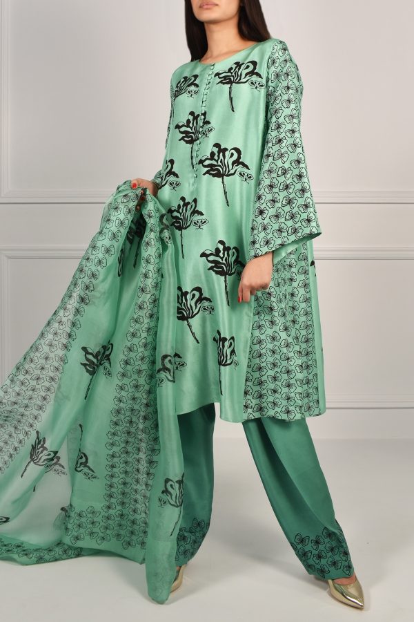 Neptune Green Oversized Block Printed Raw Silk Tunic Set - Image 2