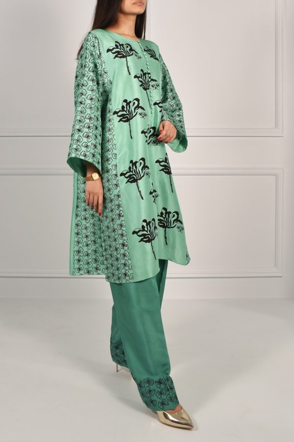 Neptune Green Oversized Block Printed Raw Silk Tunic Set - Image 3