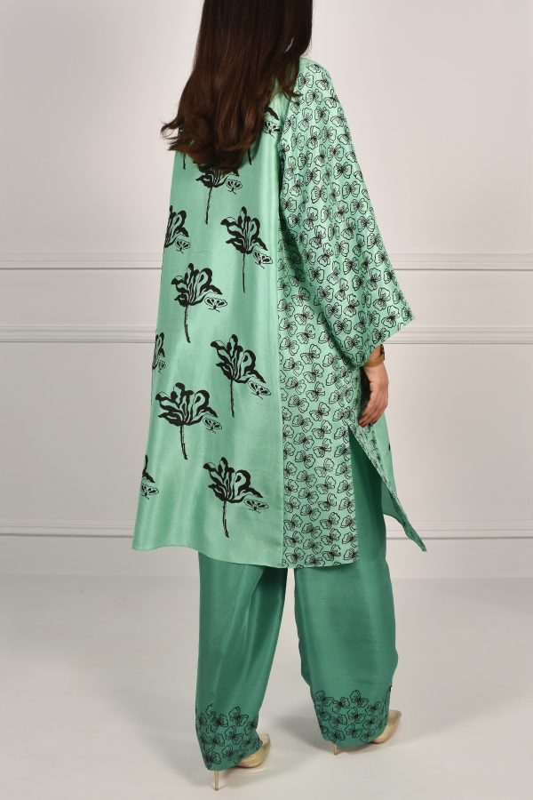 Neptune Green Oversized Block Printed Raw Silk Tunic Set - Image 4