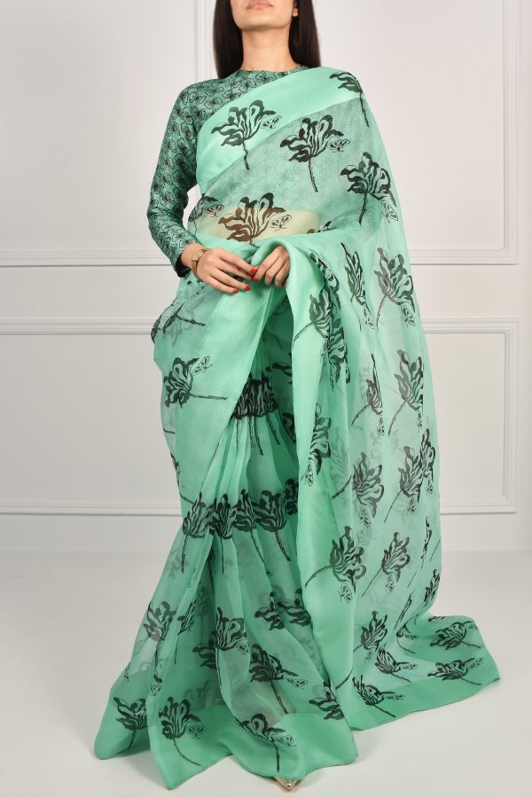 Neptune Green Block Printed Organza Sari