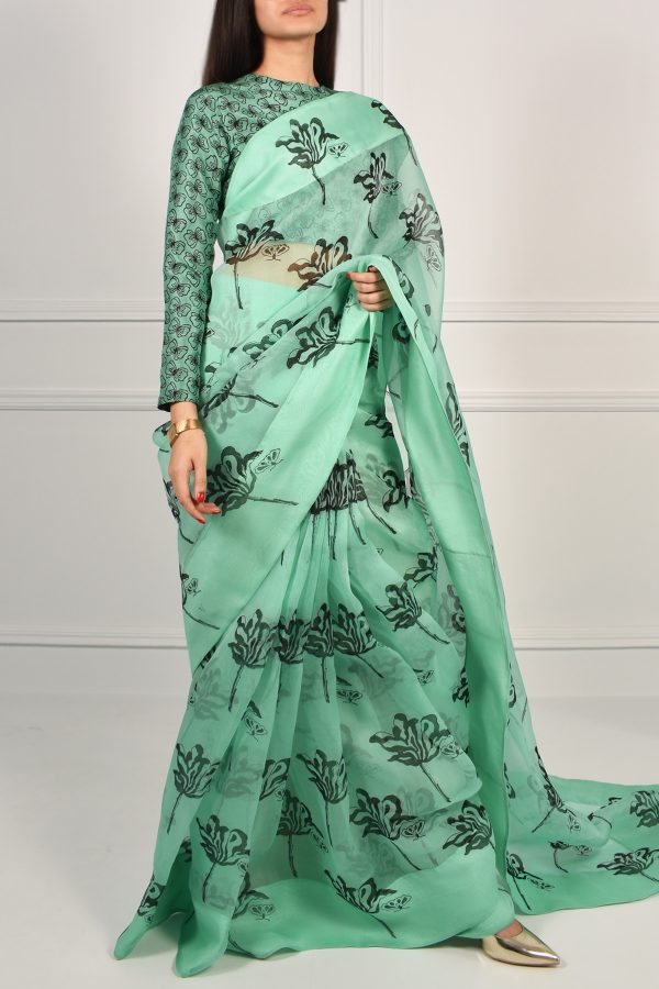 Neptune Green Block Printed Organza Sari - Image 2