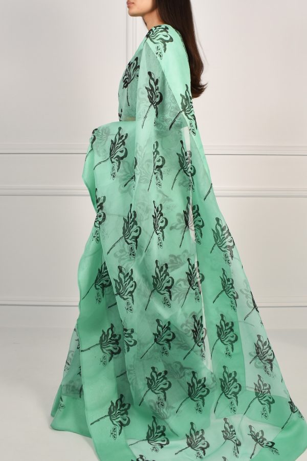 Neptune Green Block Printed Organza Sari - Image 3