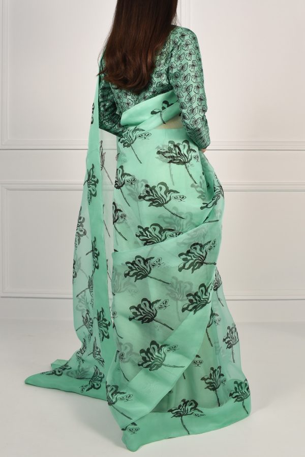 Neptune Green Block Printed Organza Sari - Image 4