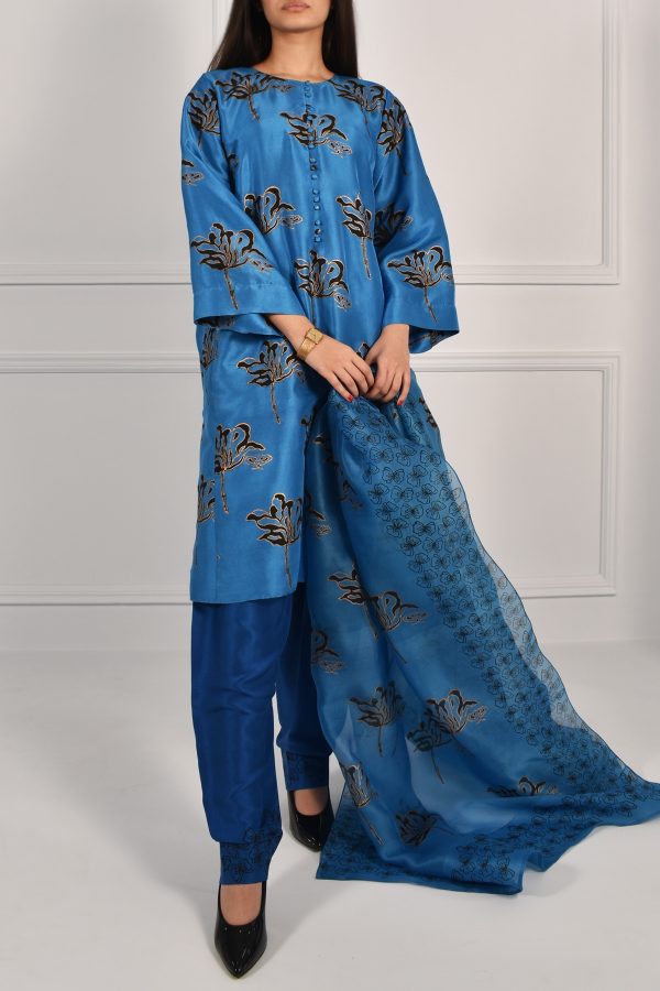 Mediterranean Blue Oversized Block Printed Raw Silk Tunic Set