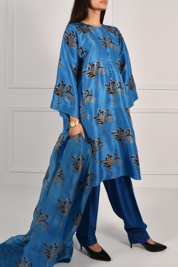 Mediterranean Blue Oversized Block Printed Raw Silk Tunic Set - Image 2