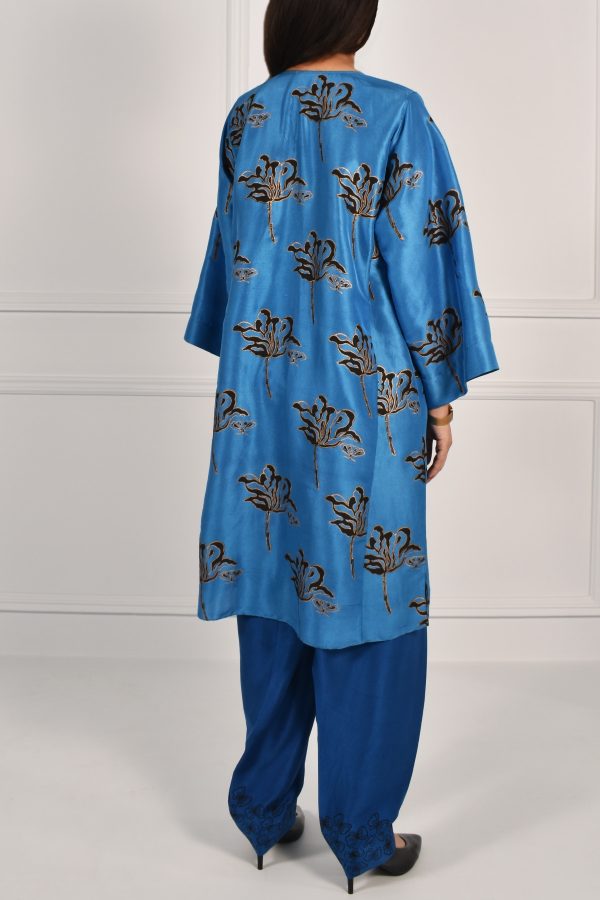 Mediterranean Blue Oversized Block Printed Raw Silk Tunic Set - Image 3