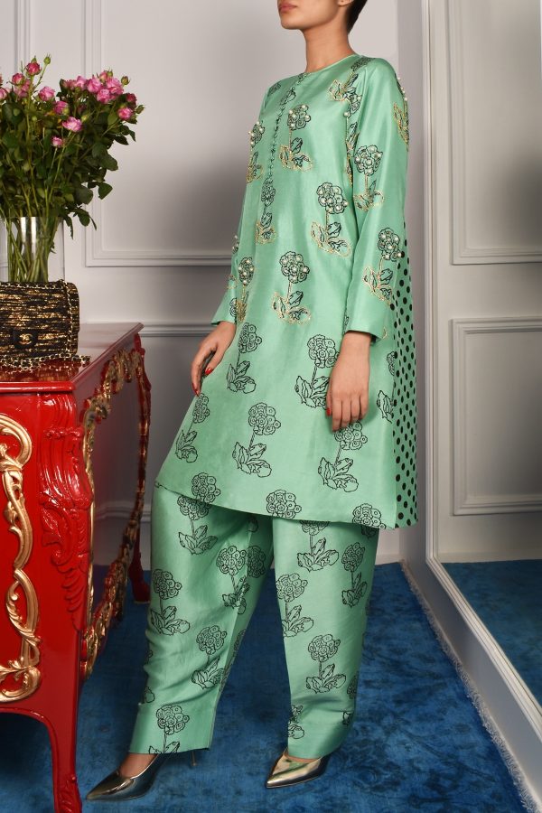 Neptune Green Block Print Embellished Raw Silk Tunic Set - Image 2