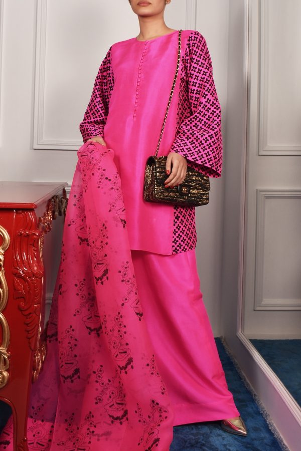 Diva Pink Block Print Raw Silk Set