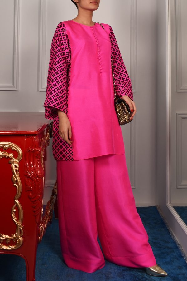 Diva Pink Block Print Raw Silk Set - Image 2