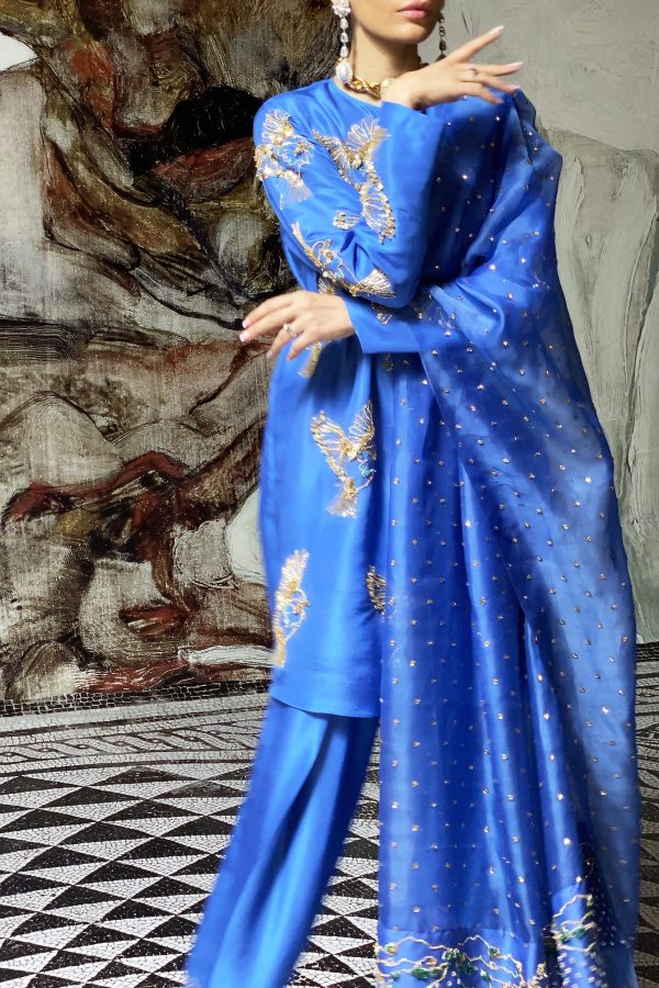 Mediterranean Blue Embellished Raw Silk Set - Image 2