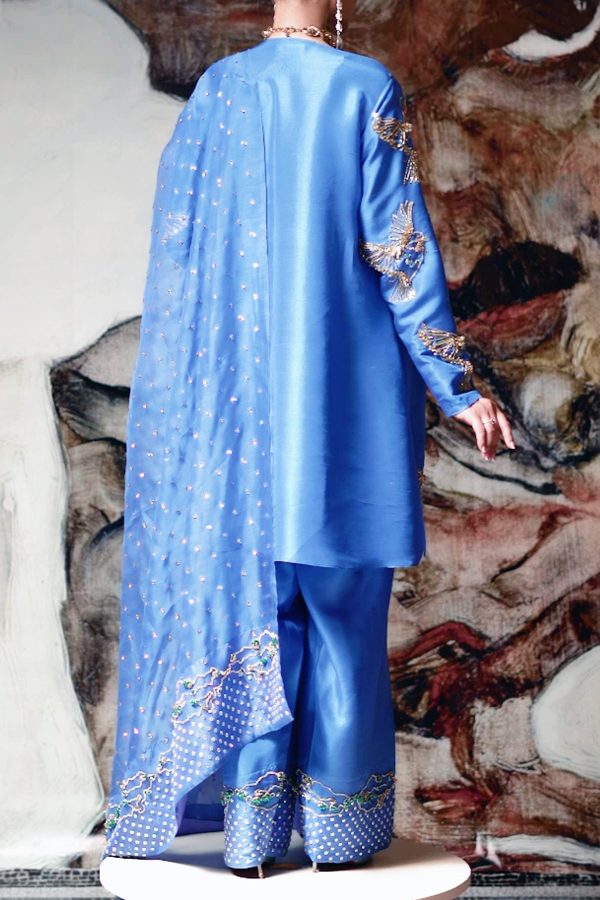 Mediterranean Blue Embellished Raw Silk Set - Image 3