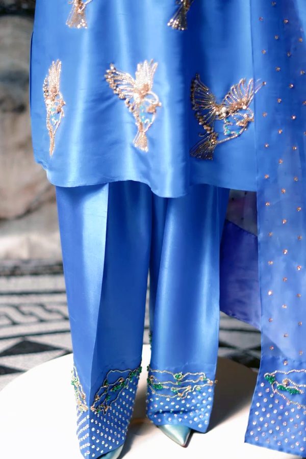 Mediterranean Blue Embellished Raw Silk Set - Image 4