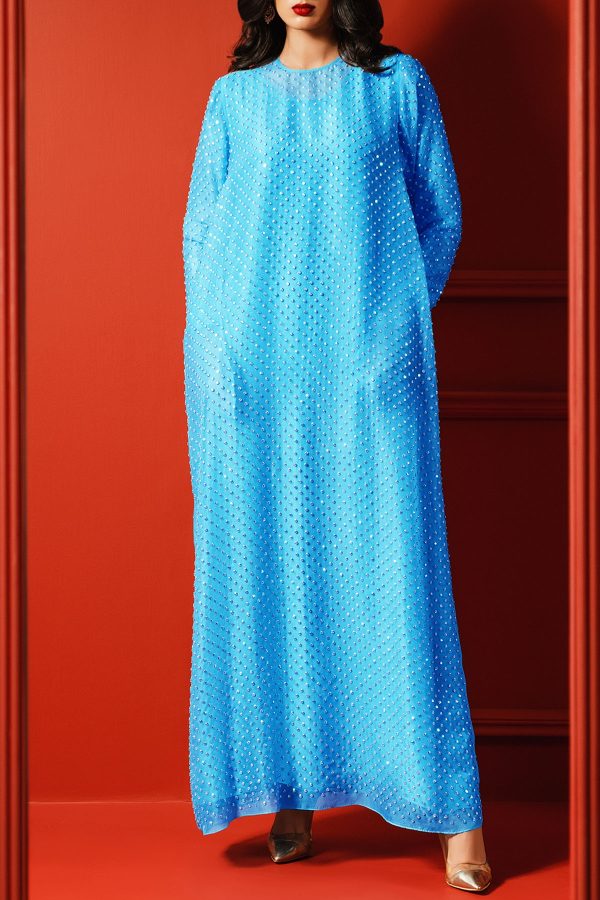 Blue Atoll Crystal Embellished Organza Maxi Dress