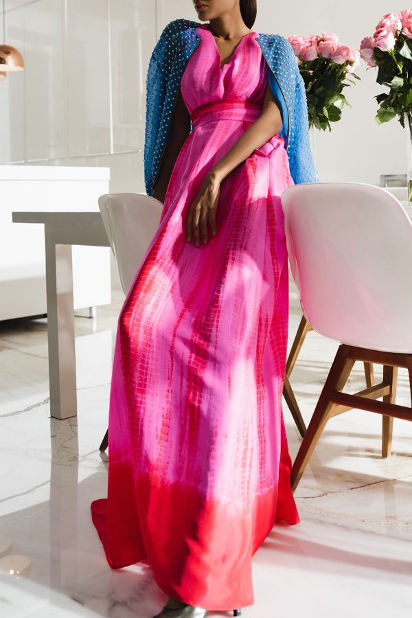 Diva Pink and Tango Red Tie-Dye Raw Silk Maxi Dress