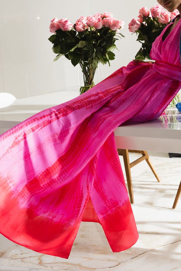 Diva Pink and Tango Red Tie-Dye Raw Silk Maxi Dress - Image 3