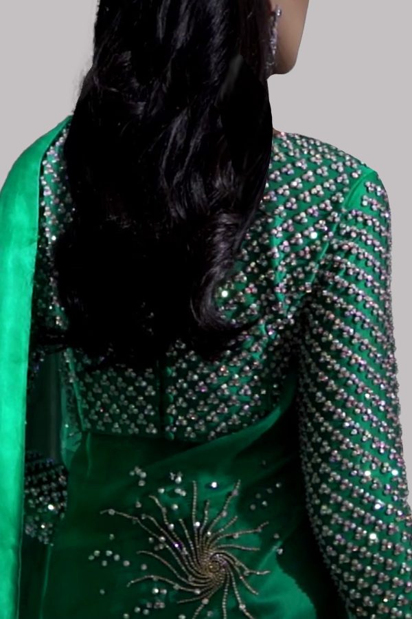 Emerald Green Embellished Organza Sari - Image 2