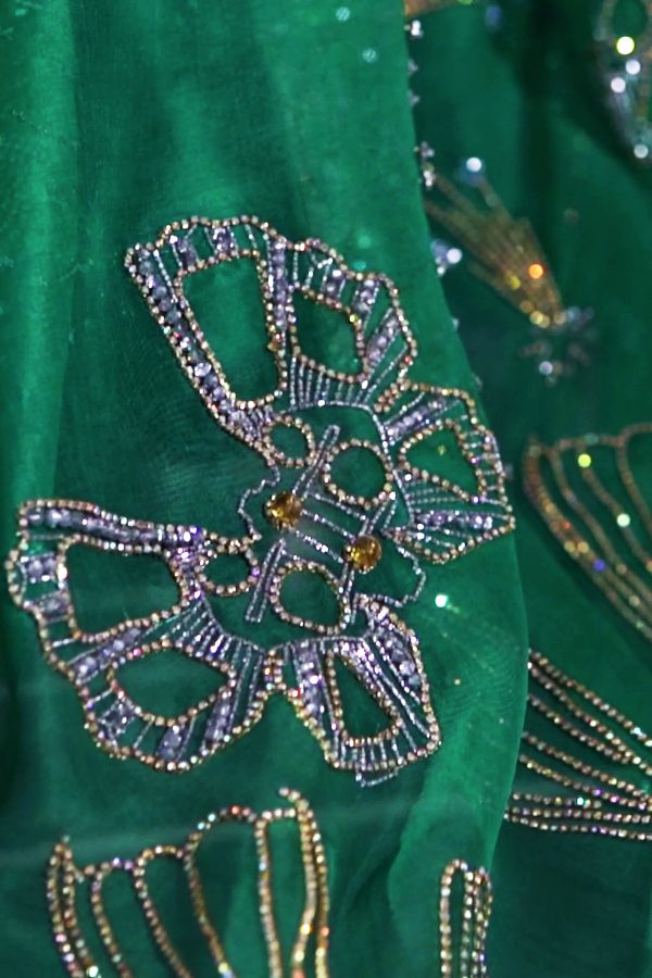 Emerald Green Embellished Organza Sari - Image 4