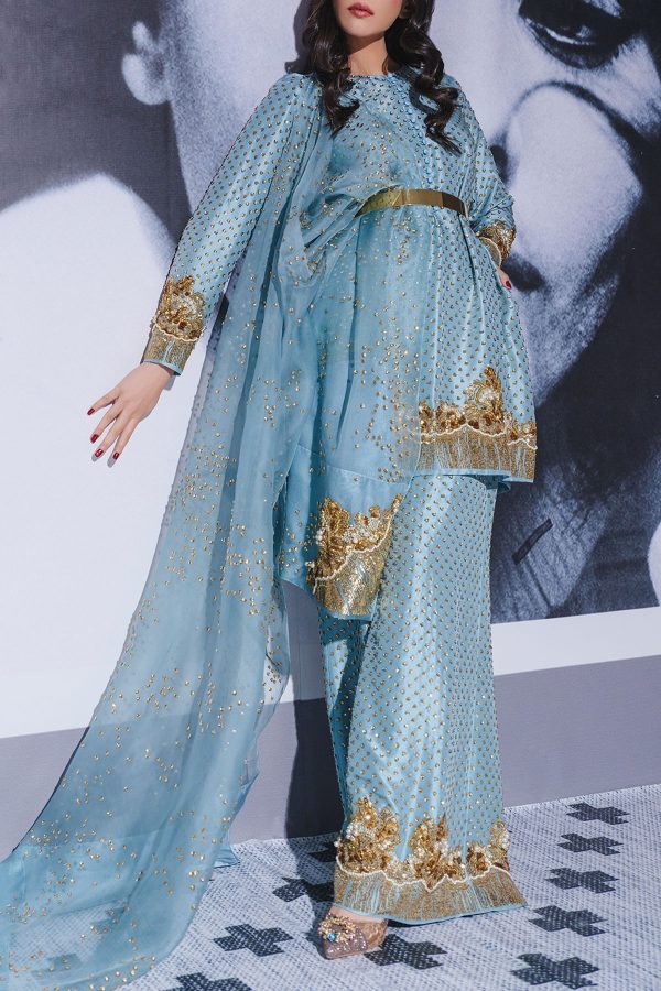 Aqua Embellished Raw Silk Set